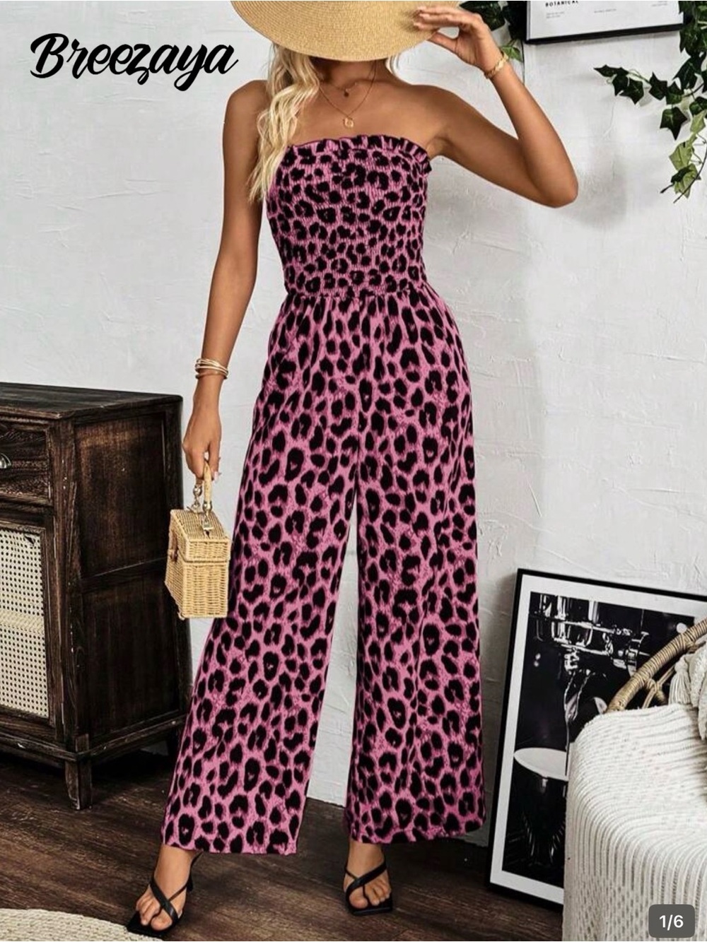 SHEIN Pink Leopard Print Strapless Wide-Leg Jumpsuit